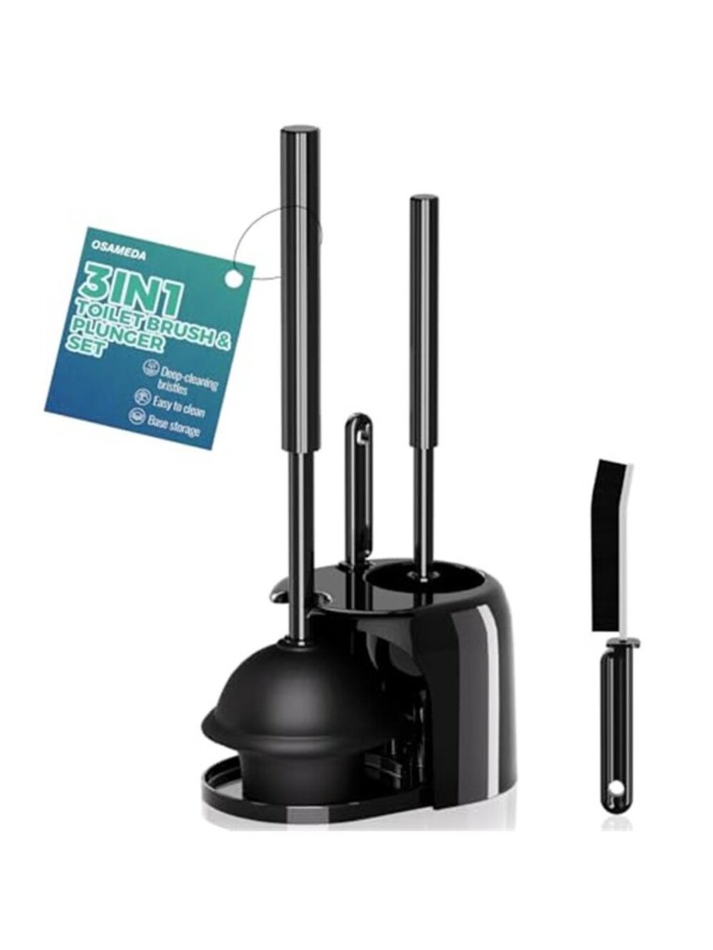 Toilet Brush Plunger Set Bathroom Cleaning Kit Holder Crevice Brush Black 3 Pcs